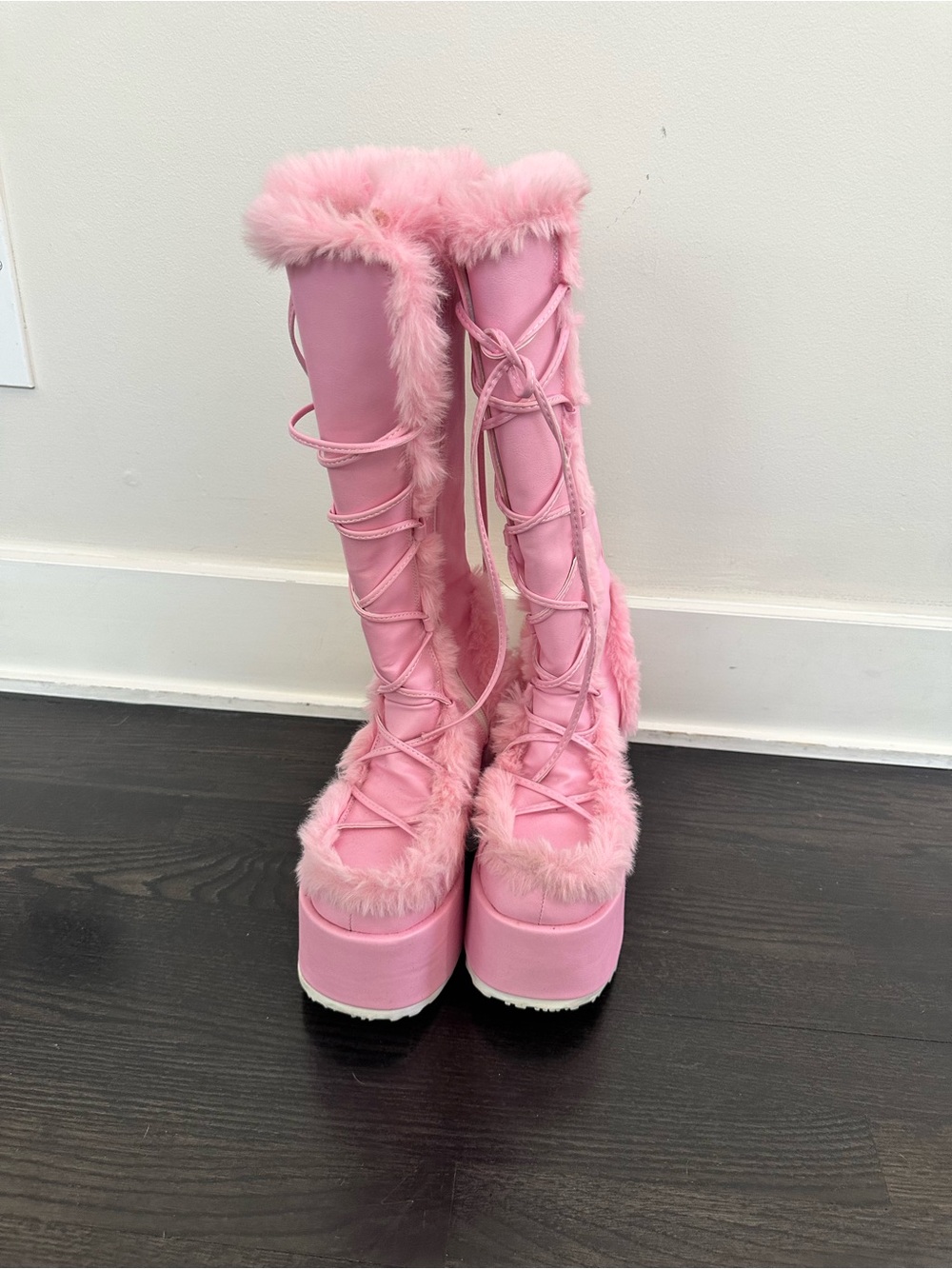 Demonia Pink Faux Fur Lace-Up Platform Knee-High Boots
